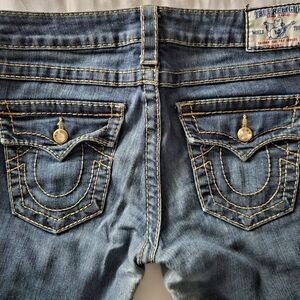 True Religion Straight Leg Jeans with Gold Stitching & Crystals